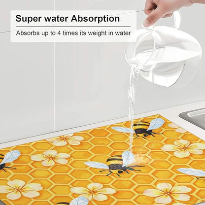 Bee Dish Drying Mat For Kitchen Counter Absorbent Large Kitchen Fast Dry Pad Reusable Washable Protector Rack Large Mat 18 X 24