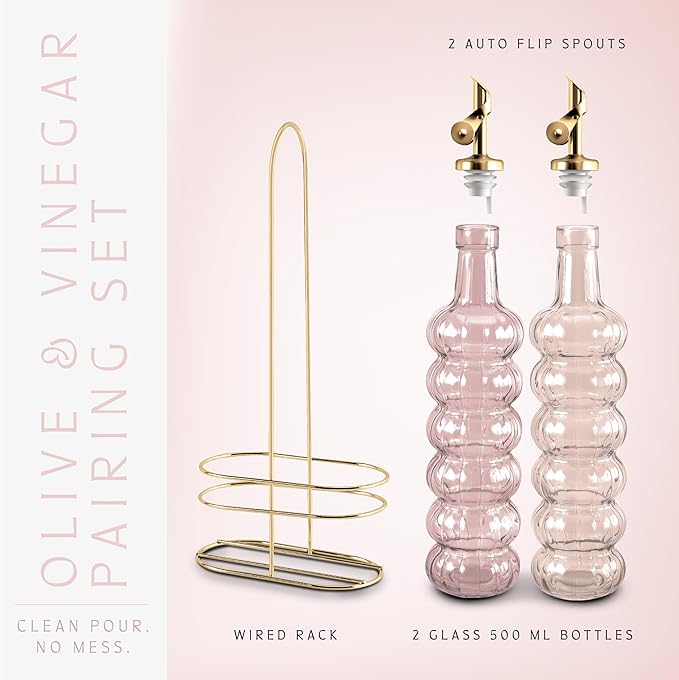 COOK WITH COLOR Glass Olive Oil Bottle Dispenser - 2 Pack- 17oz Oil and Vinegar Cruet - Olive Oil Carafe Decanter for Kitchen, Elegant Waves, Pink - Image 3