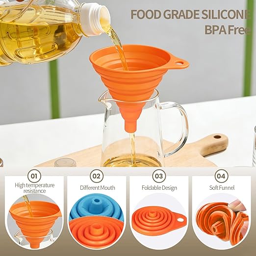 4-Pack Kitchen Funnel Set, Small and Large, Upgraded Kitchen Gadgets Accessories Foldable Silicone Collapsible Funnels for Filling Water Bottle Liquid Transfer Food Grade - Image 5