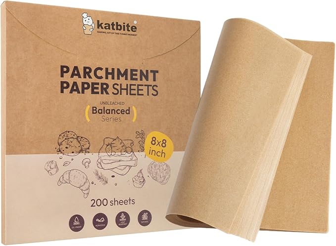 Katbite 200 Pcs Parchment Paper, 8 x 8 Inch Unbleached Baking Paper, Oil Resistant & Easy Clean, Non-Stick Precut Parchment Paper Sheets for Baking Square, Cooking, Air Fryer [Balance Series] by katbite