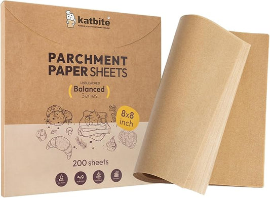 Katbite 200 Pcs Parchment Paper, 8 x 8 Inch Unbleached Baking Paper, Oil Resistant & Easy Clean, Non-Stick Precut Parchment Paper Sheets for Baking Square, Cooking, Air Fryer [Balance Series] by katbite