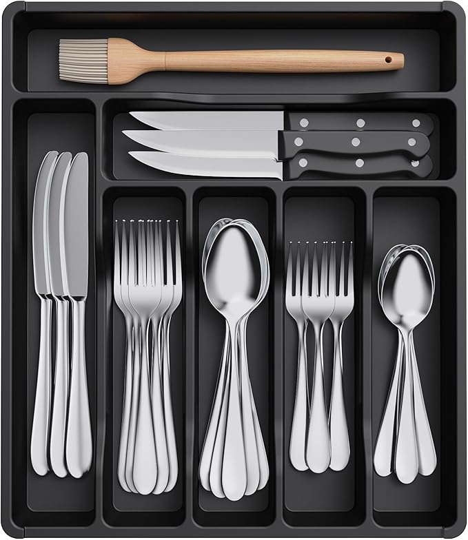 Lifewit Silverware Drawer Organizer Tray, Plastic Cutlery Storage for Kitchen, Flatware and Utensil Holder Divider for Spoons Forks Knives Tableware, 12.3 x 14.2", 7 Slots, Black by Lifewit
