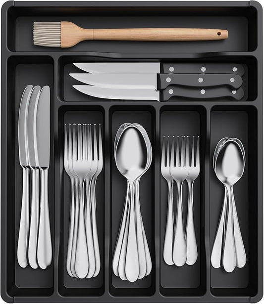 Lifewit Silverware Drawer Organizer Tray, Plastic Cutlery Storage for Kitchen, Flatware and Utensil Holder Divider for Spoons Forks Knives Tableware, 12.3 x 14.2", 7 Slots, Black by Lifewit
