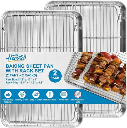Herogo Stainless Steel Baking Pan Sheet with Wire Rack Set(2 Pans + 2 Racks), 18" x 13" x 1" Cookie Half Sheet Pan Bakeware Set for Oven, Non Toxic & Heavy Duty & Easy Clean-Extra Large