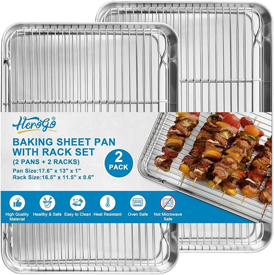Herogo Stainless Steel Baking Pan Sheet with Wire Rack Set(2 Pans + 2 Racks), 18" x 13" x 1" Cookie Half Sheet Pan Bakeware Set for Oven, Non Toxic & Heavy Duty & Easy Clean-Extra Large