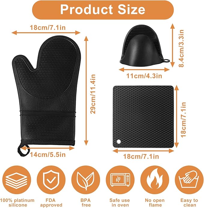 6 Pcs Oven Mitts and Pot Holders Sets for Kitchen, Extra Long Silicone Oven Gloves High Heat Resistant 500 Degrees Non-Slip Potholders Hot Pads for Baking Cooking (Black) - Image 2