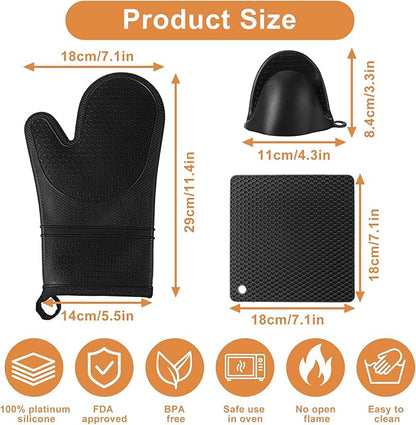 6 Pcs Oven Mitts and Pot Holders Sets for Kitchen, Extra Long Silicone Oven Gloves High Heat Resistant 500 Degrees Non-Slip Potholders Hot Pads for Baking Cooking (Black) - Image 2