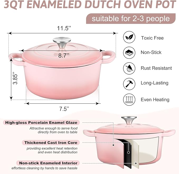 TeamFar Enameled Cast Iron Dutch Oven - 3QT Small Dutch Oven Pot with Lid - Heavy Duty Cast Iron Pot Cookware for Bread Baking, Braising, Stewing, Roasting, Pink - Image 2