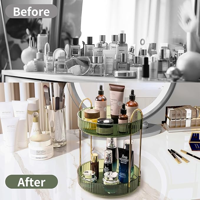 Asayuee 360 Rotating Makeup Organizer for Vanity,2 Tier Large Capacity Skincare Organizers,Bathroom Counter Organizer, Spinning Perfume Organizer & Vanity Organizer (Green-2 Tier) - Image 4