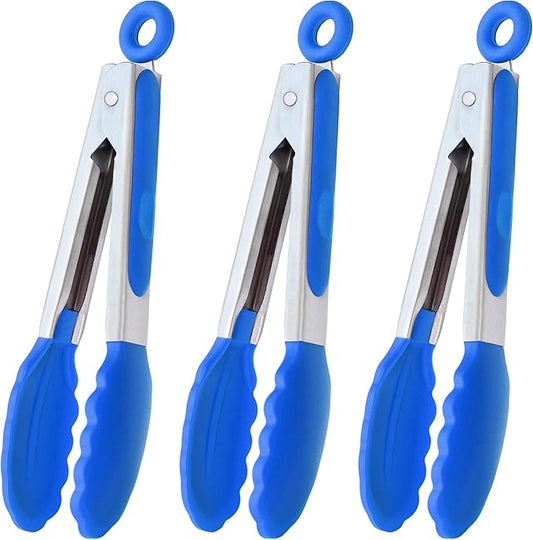 HINMAY Small Tongs with Silicone Tips 7-Inch Serving Tongs, Set of 3 (Blue) by HINMAY