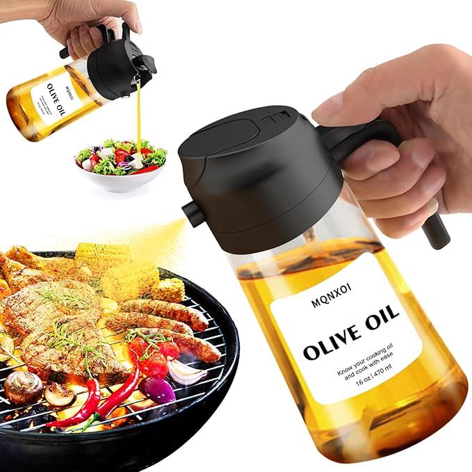 mqnxoi 2 in 1 Glass Oil Sprayer & Dispenser,16oz/470ml Olive Cooking, Air Fryer, and Salad, for Kitchen Gadgets and Air Fryer Accessories, w/Stickers (Black + White Bottle 2) - Image 9
