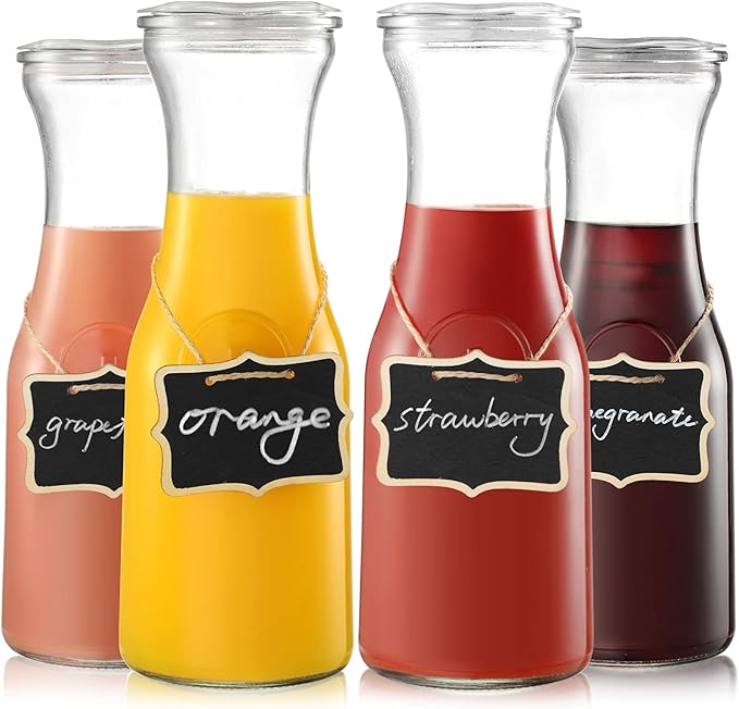 NETANY Set of 4 Glass Carafe with Lid, 1 Liter Beverage Serveware Carafe, Clear Glass Pitcher for Mimosa Bar, Brunch, Cold Water, Juice, Milk, Iced Tea, Lemonade by NETANY