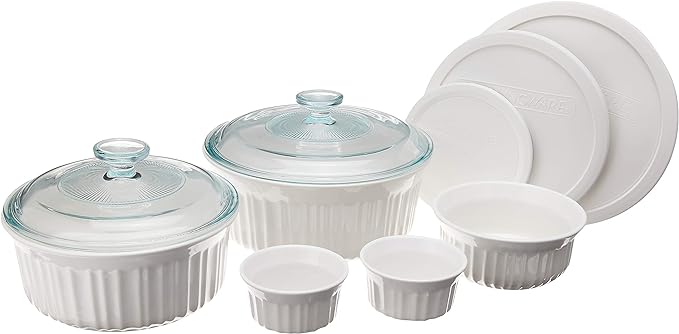 CorningWare French White 10-Pc Ceramic Bakeware Set with Lids Chip and Crack Resistant Stoneware Baking Dish, Microwave, Dishwasher, Oven, Freezer and Fridge Safe by CorningWare