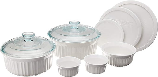CorningWare French White 10-Pc Ceramic Bakeware Set with Lids Chip and Crack Resistant Stoneware Baking Dish, Microwave, Dishwasher, Oven, Freezer and Fridge Safe by CorningWare