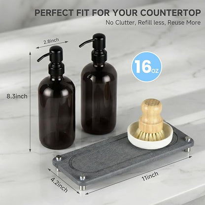 2 Pack Kitchen Soap Dispenser Set - 16oz Black Glass Dish and Hand Soap Dispenser with Stainless Steel Pump, Instant Dry Tray, Dish Brush & Holder, Refillable Countertop Sink Decor for Kitchen & Bath - Image 5