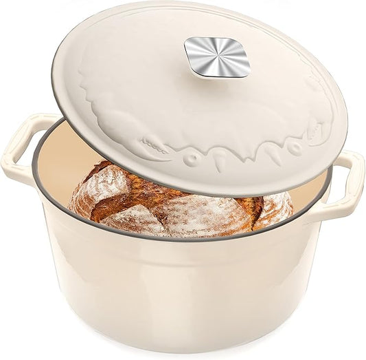 Enameled Cast Iron Dutch Oven - 5QT Dutch Oven Pot with Crab Lid & Oversized Knob & Ergonomic Handles - Heavy Duty Cookware for Braising, Stews, Roasting, Bread Baking - Cream White by DUTZUN