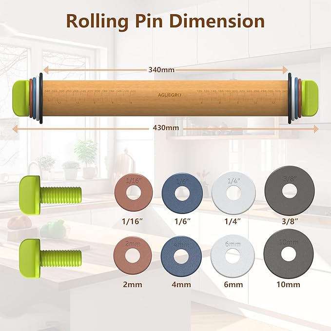 Rolling Pin with Adjustable Thickness Ring, Dough Thickness for Baking, Fondant, Pizza, Crust, Cookies, Pastry, 13.6'' Wooden Rolling Pin with 4 Multi-Color Thickness Rings - Image 3