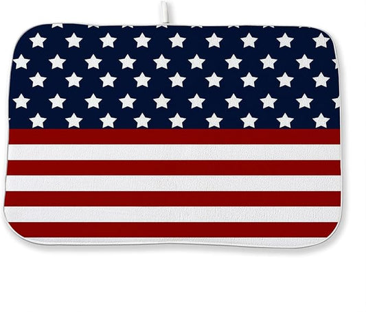 4th of July Dish Drying Mat 18 x 24 Inch Patriotic Red Stripe Navy Blue Stars Drying Mat for Kitchen Counter Absorbent Independence Day Memorial Day Dishes Dry Pad for Drainer Rack Kitchen Fast Dry