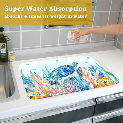 Giwawa Sea Turtle Dish Drying Mat 18x24in Watercolor Blue Tortoise Dish Drainer Mats Nautical Ocean Coral Seashell Seaweed Microfiber Dish Drying Pad for Kitchen Countertop Large Decor
