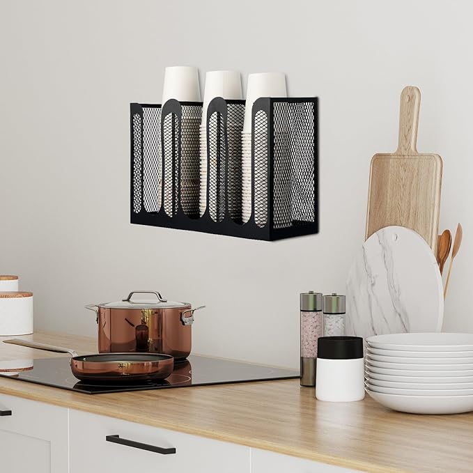 Maxcheck Metal Mesh Cup and Lid Holder Coffee Paper Cup Dispenser Lid Holder Storage Organizer Countertop or Wall Mount for Coffee Bar, Kitchen, Breakroom(3 Compartments,12.3 x 4.1 x 7.87 Inch)