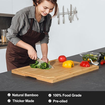 24 x 18 Extra Large Bamboo Serving Boards for Kitchen, Heavy Duty Wood Butcher Block Chopping Board with Handle and Juice Groove for Meat, Large Charcuterie Board, Over the Sink Cutting Board - Image 3