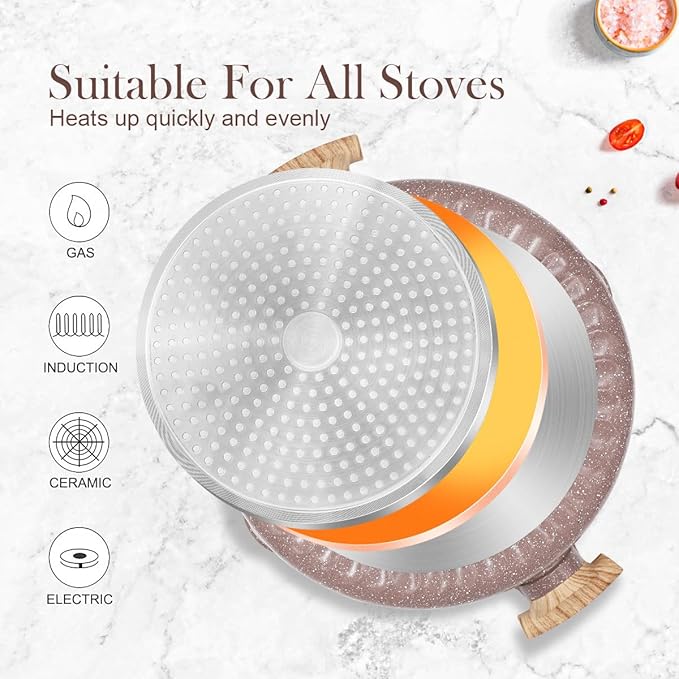 AIKENBBKK Ceramic Frying Pan with Lid, 14 Inch Saute Pan, Non Stick Frying Pans, 2-In-1 Large Cooking Pan, Nonstick Skillet, Compatible with All Stoves, PTFE & PFOA Free, Brown - Image 5
