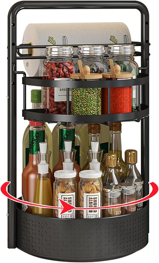 Rotating Spice Rack with Paper Towel Holder, 2 Tier Turntable Lazy Susan, Seasoning Organizer for Kitchen Countertop Cabinet, Black by CLOKTA