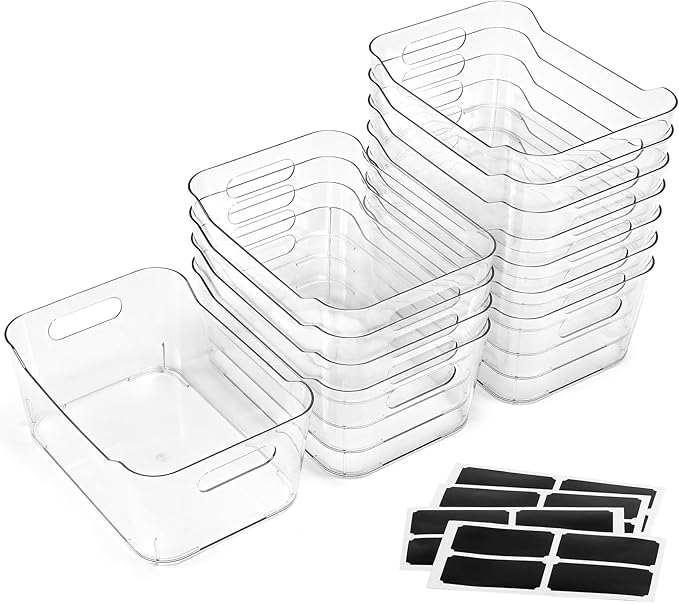 12 PACK Multiuse Clear Plastic Storage Bins for Organizing w/ Labels - Home, Kitchen, Bathroom, Office, Pantry Cabinet Shelf Organizer Bins - SOHO Collection, RV, Fridge Organization Containers by MakeLifeBetterEasier
