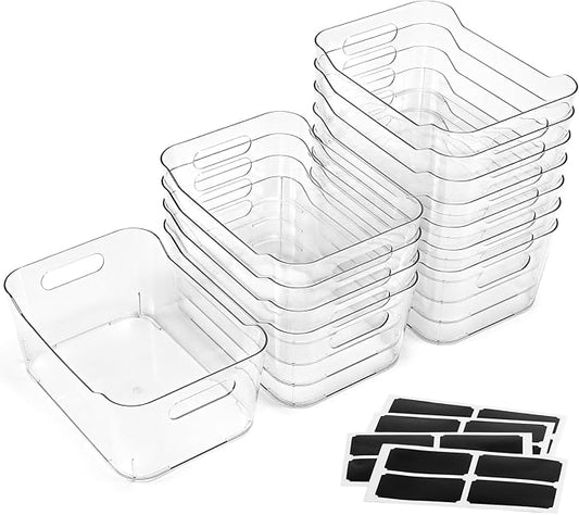 12 PACK Multiuse Clear Plastic Storage Bins for Organizing w/ Labels - Home, Kitchen, Bathroom, Office, Pantry Cabinet Shelf Organizer Bins - SOHO Collection, RV, Fridge Organization Containers by MakeLifeBetterEasier