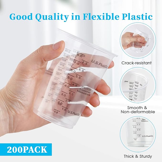 200 PACK Plastic Measuring Cups, 8 oz Disposable Mixing Cups with 100 Wooden Mixing Sticks, Can Be Used for Epoxy Resin, Liquid Measuring, Paint, Cooking and Baking - Image 2