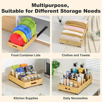 Housolution Pull Out Food Container Lid Organizer with Sliding Rail, Slide Out Plastic Lid Holder Compatible with Tupperware, Bamboo Storage Box with 5 Adjustable Dividers for Kitchen Cabinet, 2 Pack - Image 8