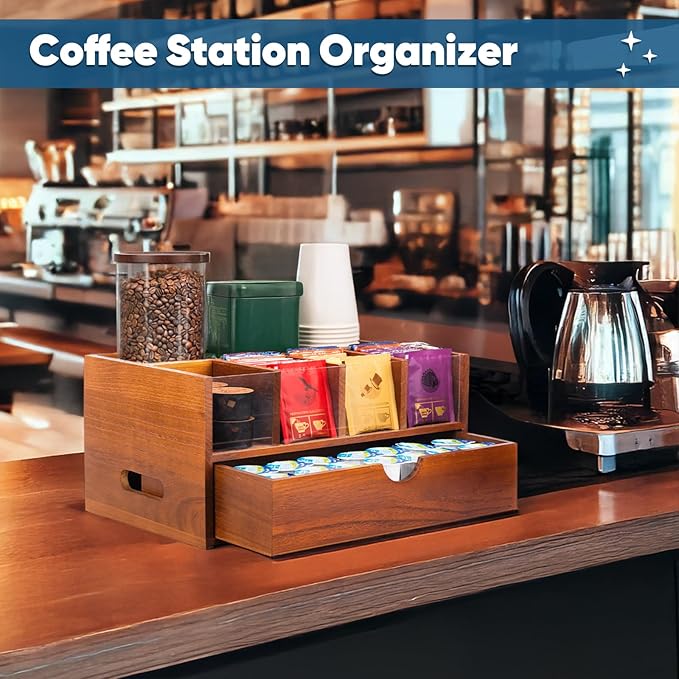 Coffee Bar Station Organizer for Countertop, Coffee and Tea Drawer Organizer, Koffee Cup Organizer Station Pod Holder with 2 Drawers