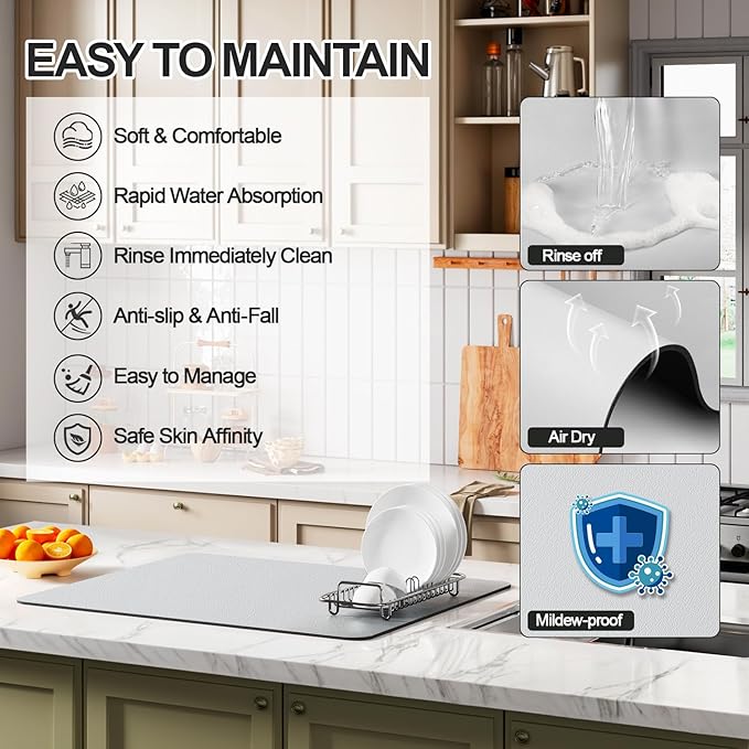 Ecotrim - Dish Drying Mat for Kitchen Counter | Coffee Bar Mat for Countertops | Heat Resistant Drainer Mat with Non-slip Rubber Backed | Hide Stain Kitchen Absorbent Draining Mat | Light Grey 18"x32" - Image 3