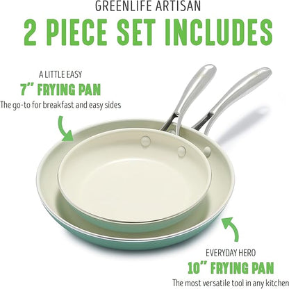 GreenLife Artisan Healthy Ceramic Nonstick, 8" and 10" Frying Pan Skillet Set, Stainless Steel Handle, Induction, PFAS-Free, Dishwasher Safe, Oven Safe, Turquoise