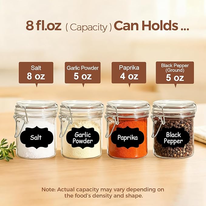 ComSaf 8oz Glass Jars with Airtight Lids (Set of 6), Cylindrical Jelly & Spice Jars for Pantry Organization, 240ml Small Canisters with Wire Clamp for Sourdough Discard, Jam, Honey & More - Image 3