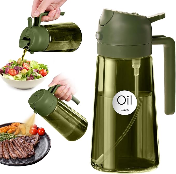 YARRAMATE 16oz/470ml Dark Green Oil Sprayer for Cooking with Stickers, Food-grade Premium 2 in 1 Olive Oil Dispenser Bottle for Kitchen Gadgets, Air Fryer, Salad, Frying, BBQ (OliveGreen) by YARRAMATE