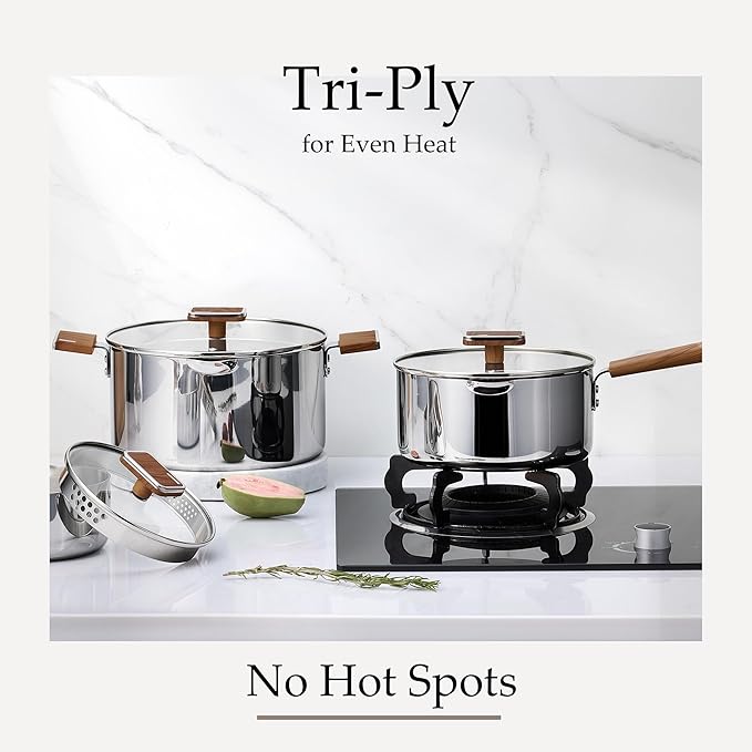 CAROTE1.5Qt & 3Qt Stainless Steel Saucepan Set, Triple Ply Stainless Steel Pot, Saucepan with Glass Lid, Small Sauce Pot with Wooden Handle, Easy Pour Rim - Image 6