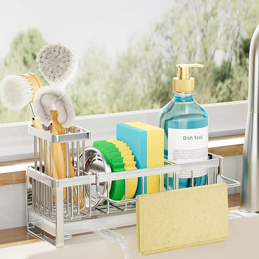 SWTYMIKI Sponge Holder for Kitchen Sink - Sink Caddy with Brush Holder Self-draining Sponge Caddy Organizer with Divider Stainless Steel Kitchen Accessories Storage for Countertop, Silver by SwtyMiki-TidyHomeSweetLife