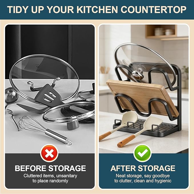 Kitchen Pot Lid Storage Rack: Carbon Steel Double-Layer Holder & Spoon Rest with Removable Drip Tray, Pot Cover Holder While Cooking, Pot Lid Organizer for Kitchen Counter Space Saving(Gray) - Image 2