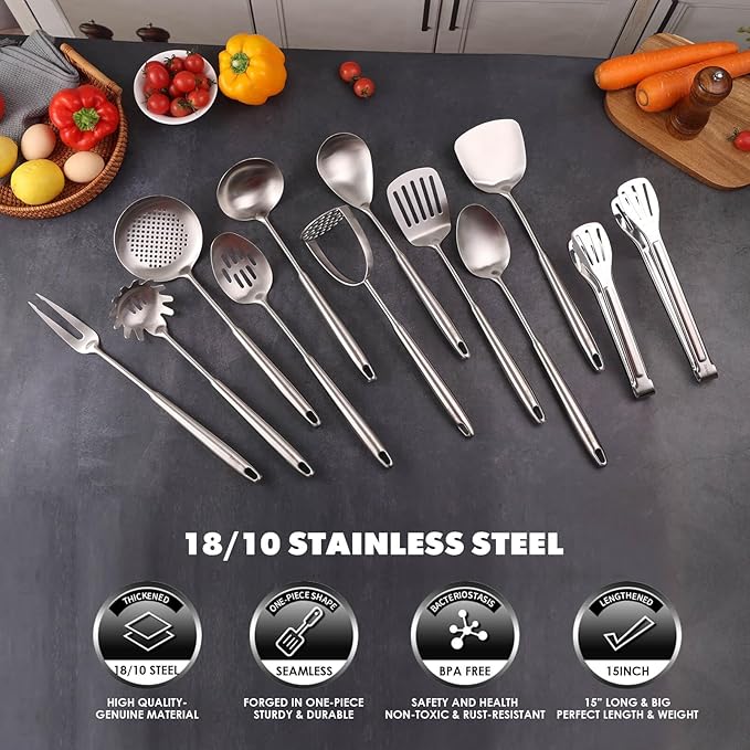 18/10 Stainless Steel Kitchen Utensils Set - 12 PCS All Metal Cooking Tools & 15″ Serving Utensils - Potato Masher, Meat Fork, Tongs, Turner, Pasta, Serving Spoon, Skimmer, Ladle, Spatula Spoon Set - Image 6