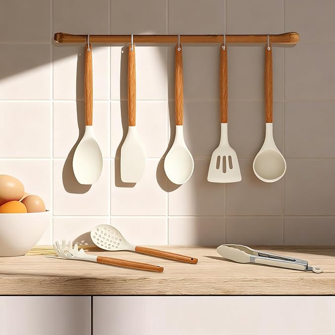 Kitchen Utensils Set - 12 Pcs Silicone Cooking Utensils Set with Wooden Handle - Heat Resistant Non-Stick BPA Free Spatula Set,Turner, Spoon, Brush, Silicone Kitchen Gadgets Utensil Set - Image 6