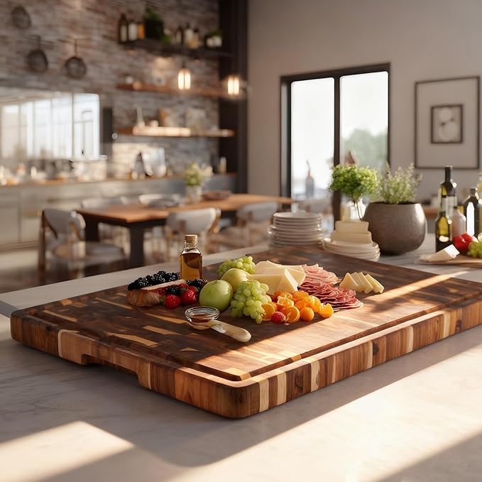 Utoplike Large Acacia Cutting Board 22 x 16 inch, End Grain Largest Wooden Butcher Block for Turkey, Meat, Vegetables, BBQ, Chopping Board with Handle and Single-side Juice Groove, 1.38"Th