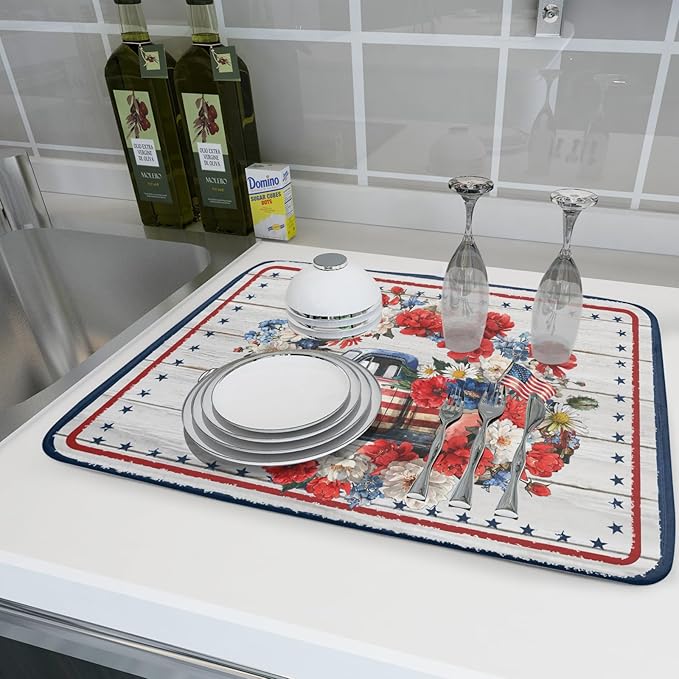 Patriotic Truck Dish Drying Pad 4th of July Drying Mat for Kitchen Counter Coffee Bar Sinks 18 X 24 Inch - Image 6