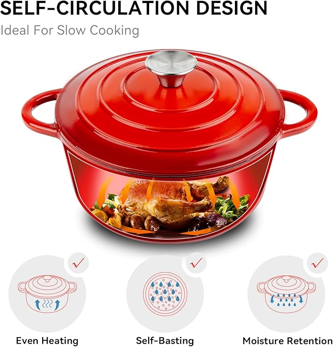Miereirl 4.5 Quart Enameled Dutch Oven Pot with Lid, Cast Iron Dutch Oven with Dual Handles for Bread Baking, Cooking, Non-stick Enamel Coated Cookware (Red) - Image 2