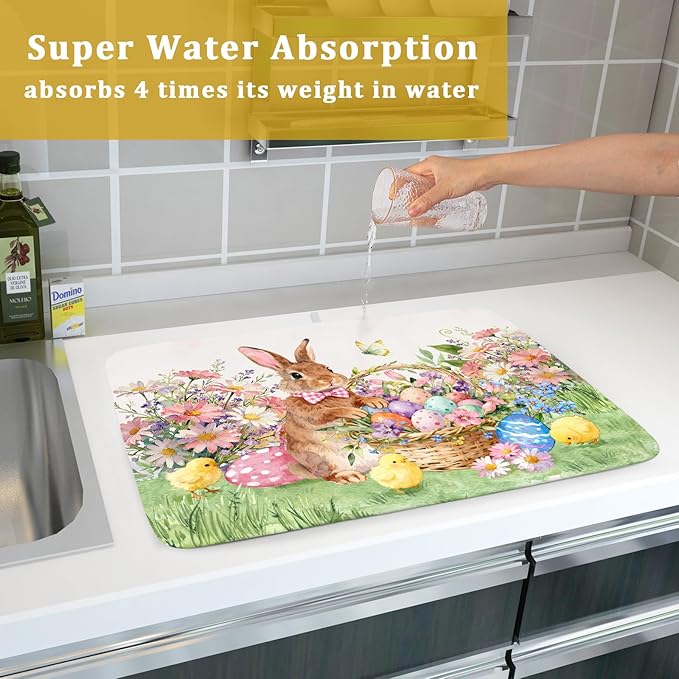 Easter Rabbit Eggs Dish Drying Mat for Kitchen Counter 18x24 Inch Spring Flowers Large Microfiber Dish Drainer Rack Mats - Image 7