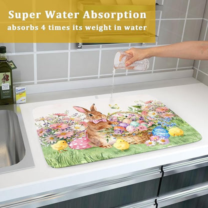 Easter Rabbit Eggs Dish Drying Mat for Kitchen Counter 18x24 Inch Spring Flowers Large Microfiber Dish Drainer Rack Mats - Image 7