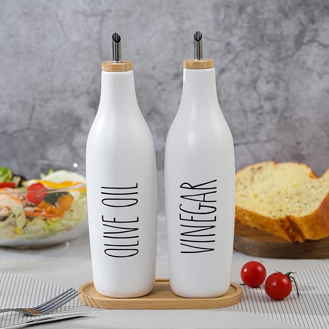 HOMCDALY Ceramic Olive Oil Dispenser for Kitchen, Stoneware 16oz Oil and Vinegar Bottles Dispenser, Kitchen Dispenser Bottle for EVOO Vinegar Syrups, Modern Farmhouse Design(W-V) - Image 7