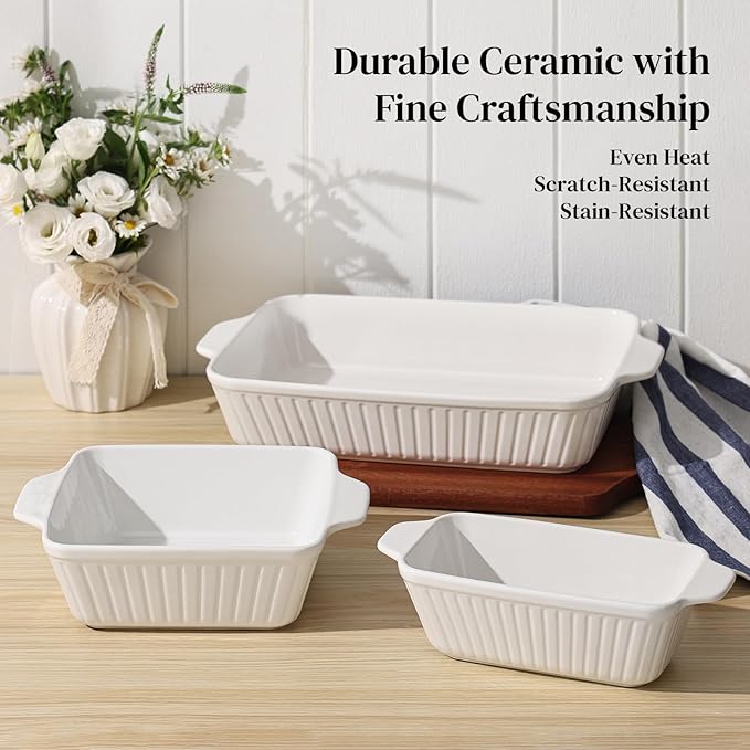 DOWAN Ceramic Casserole Dishes Set of 3, 13''/8''/4'', White - Image 7
