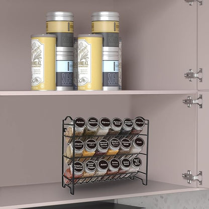 SWOMMOLY Spice Rack Organizer with 18 Empty Square Spice Jars, 396 Spice Labels with Chalk Marker and Funnel Complete Set, Spice Organizer for Countertop, Cabinet or Wall Mount, Black - Image 2