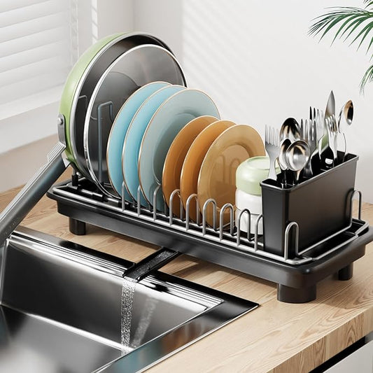 Laveshop Small Dish Drying Rack, Compact Dish Drainer for Kitchen Counter, with Adjustable Back Slots, Space-Saving for Small Kitchens, Black by Unknown